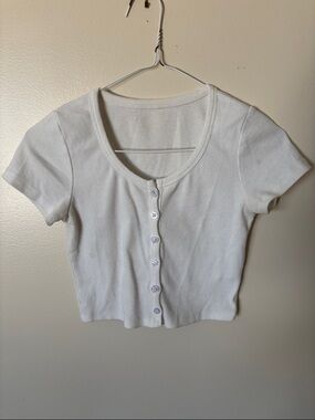 Ribbed Button-Front Crop Top - White